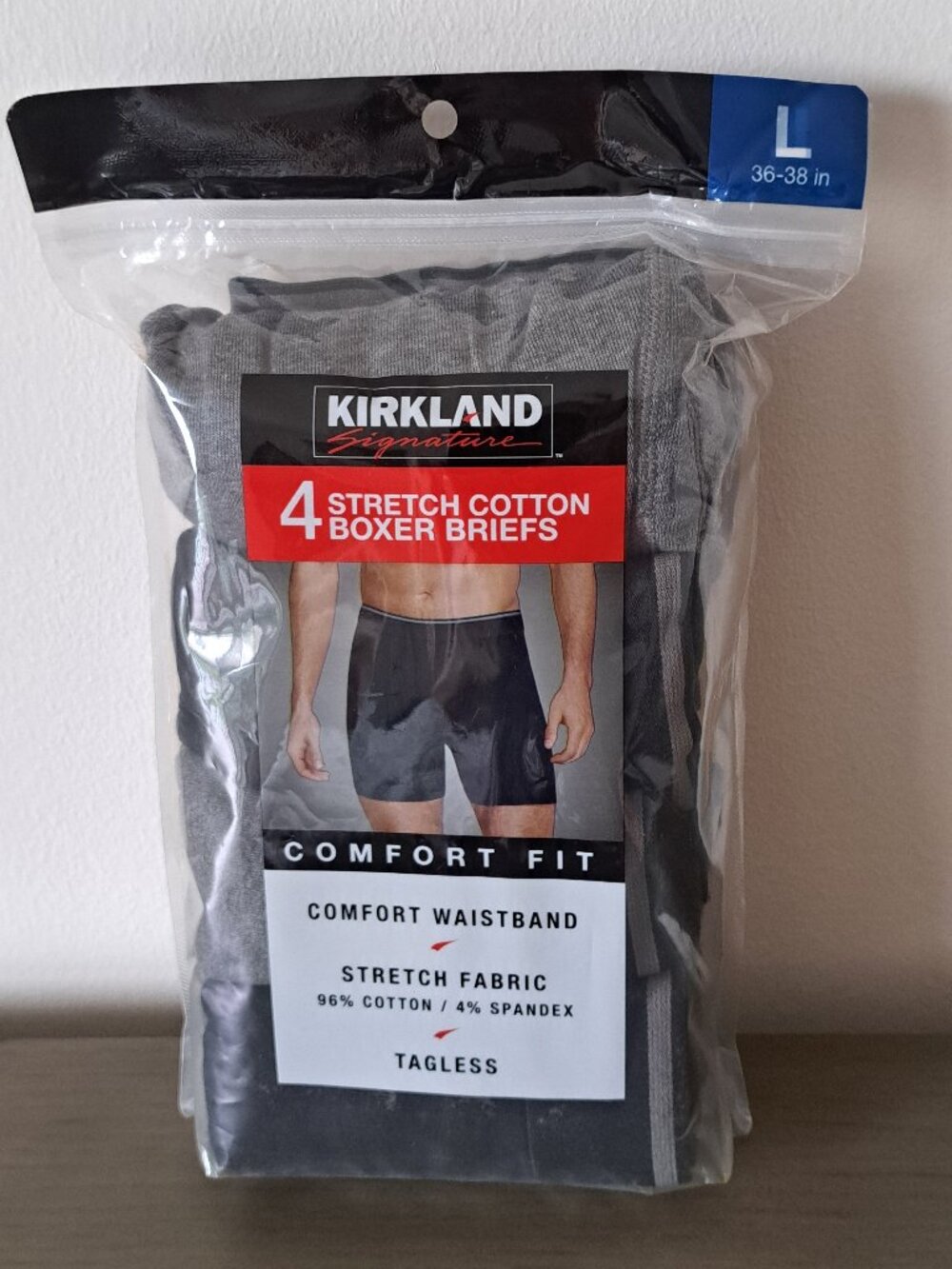 Kirkland Signature Men's Tagless Cotton Boxer Brief, 4-pack Size L  36-38in